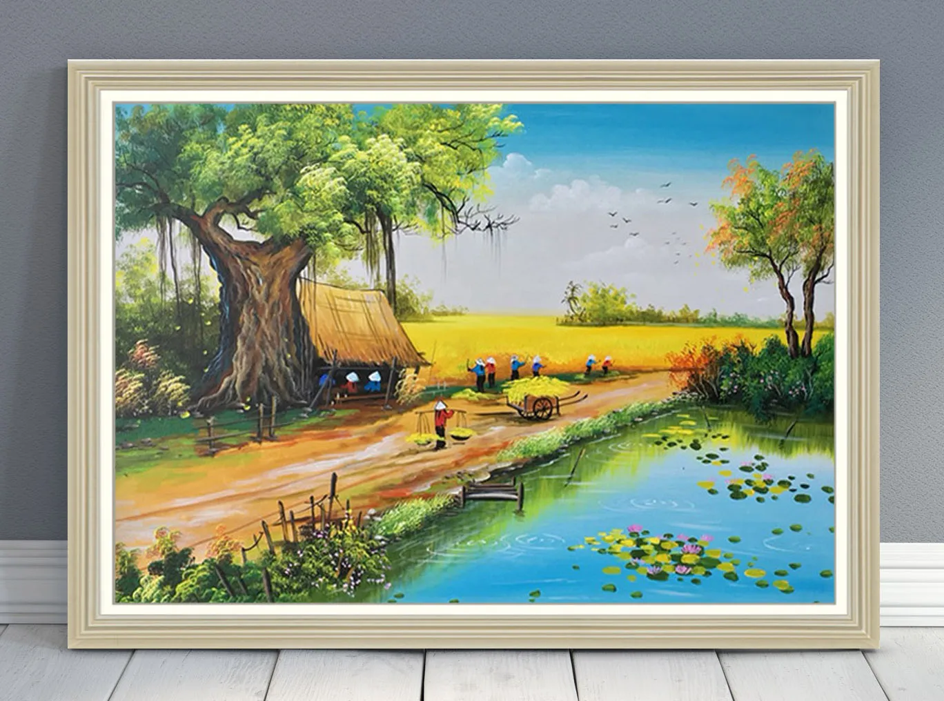 Màu sơn dầu vẽ tranh phong cảnh làng quê thanh bình lúc chiều tà