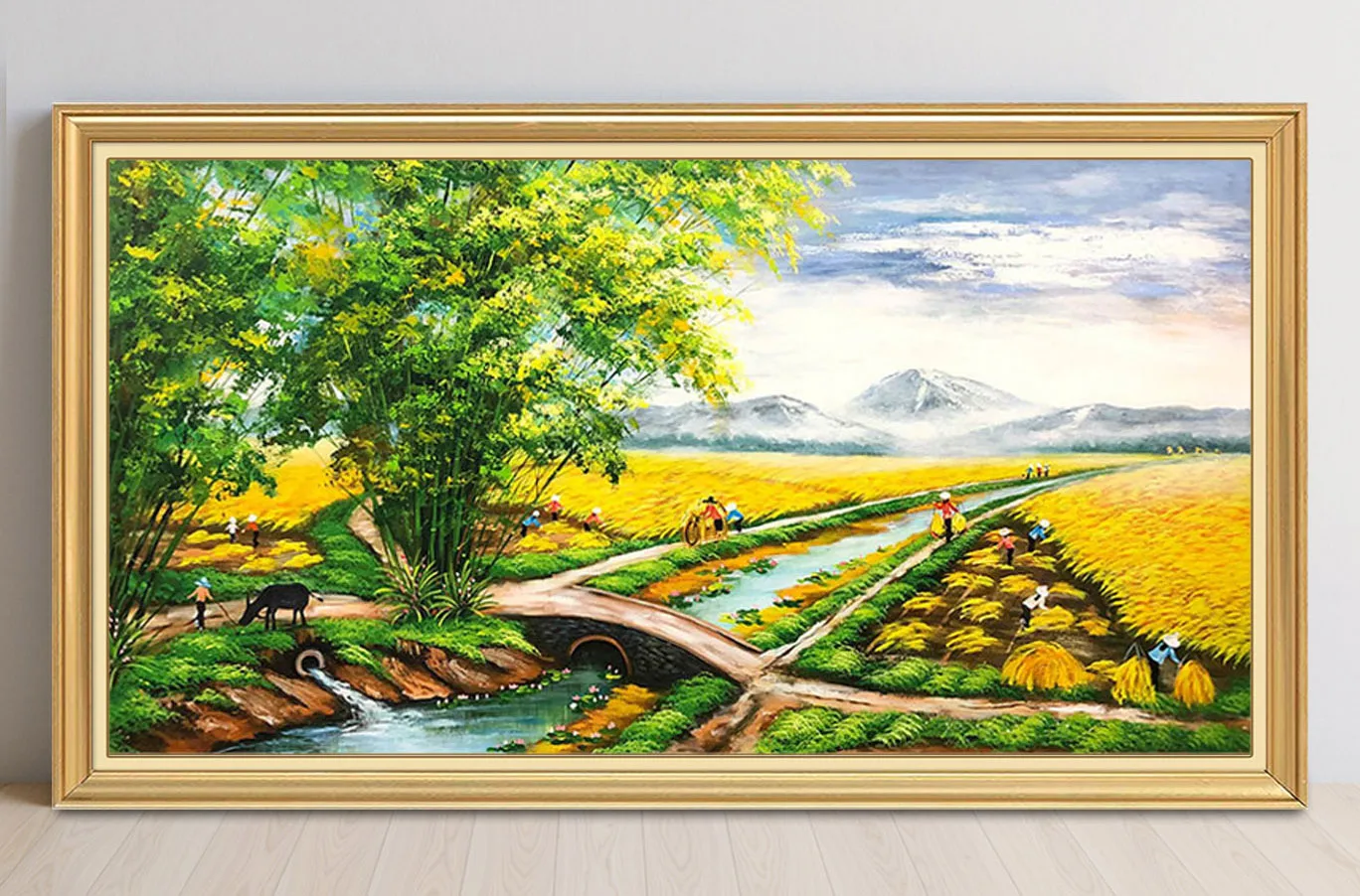 Màu sơn dầu vẽ tranh phong cảnh làng quê xưa với ao sen yên bình