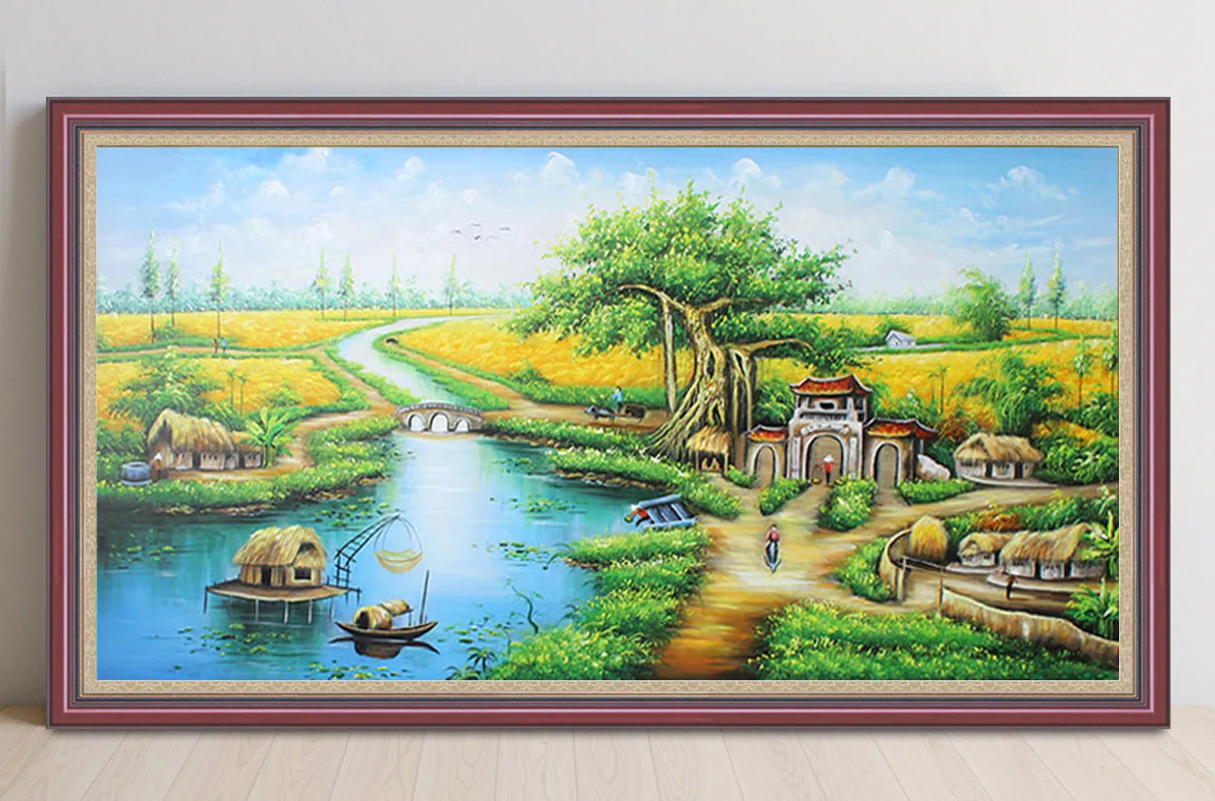 Màu sơn dầu vẽ tranh phong cảnh làng quê xưa với con trâu kéo xe