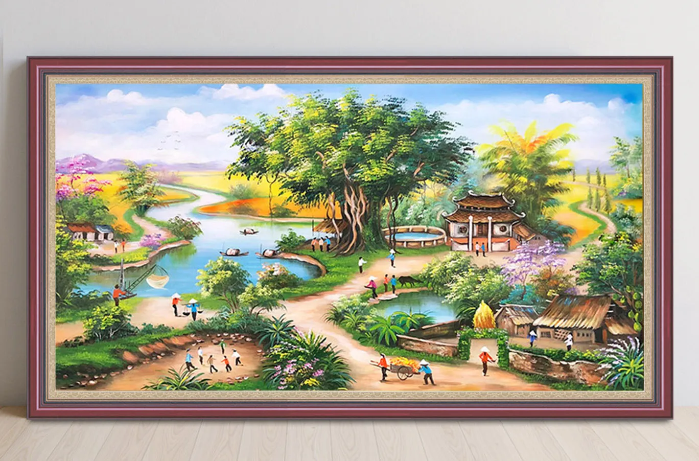 Màu sơn dầu vẽ tranh phong cảnh làng quê yên bình bên dòng sông