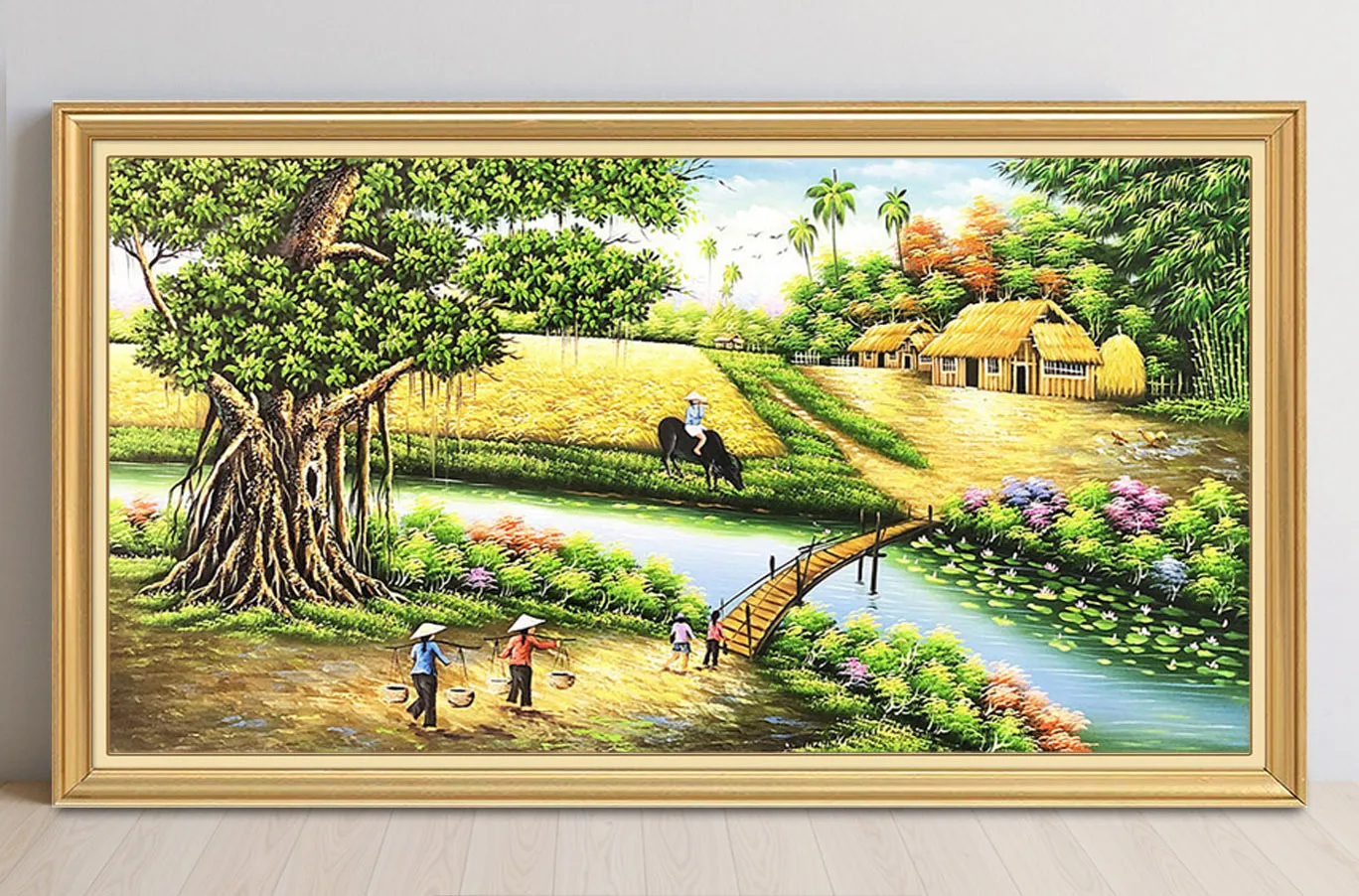 Màu sơn dầu vẽ tranh phong cảnh mùa gặt tấp nập trên đồng ruộng