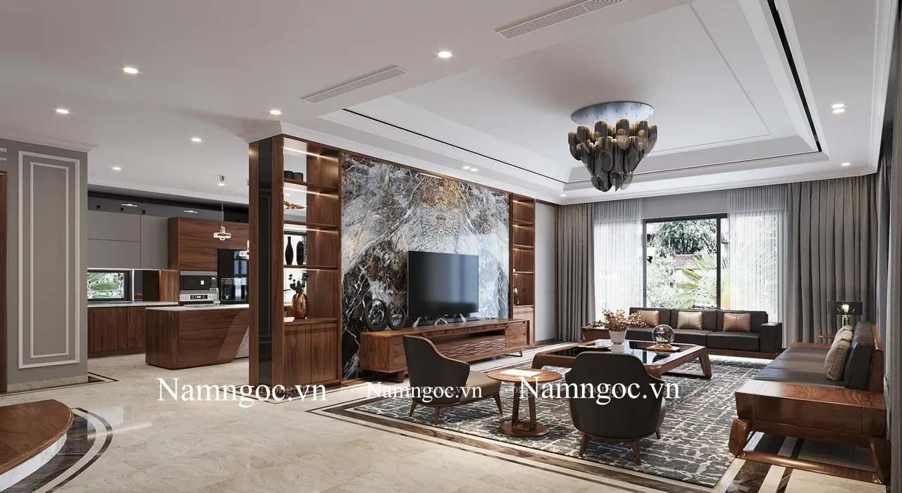 Trần thạch cao phòng khách liền bếp