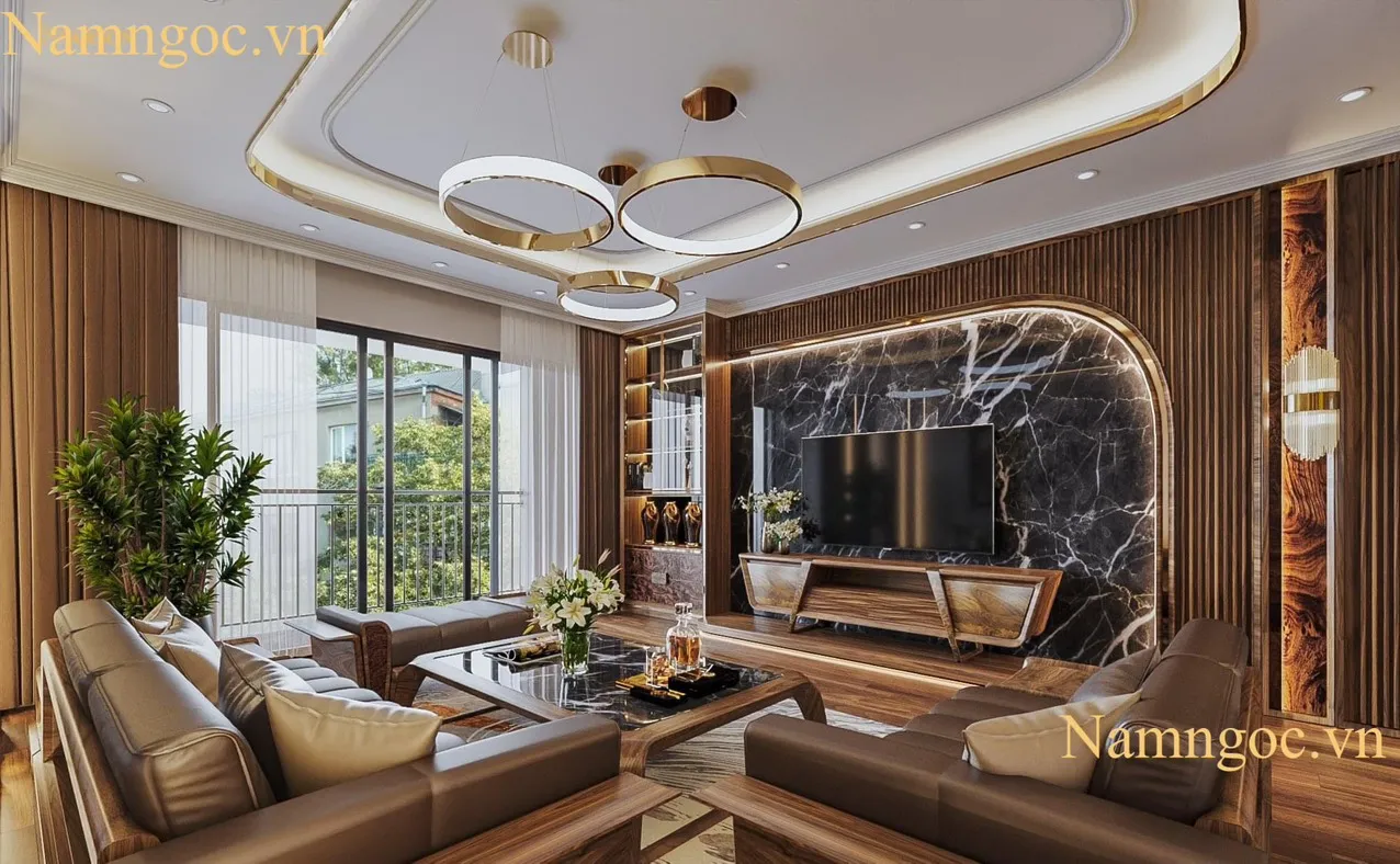 Trần thạch cao phòng khách 25m2 với nẹp inox trang trí