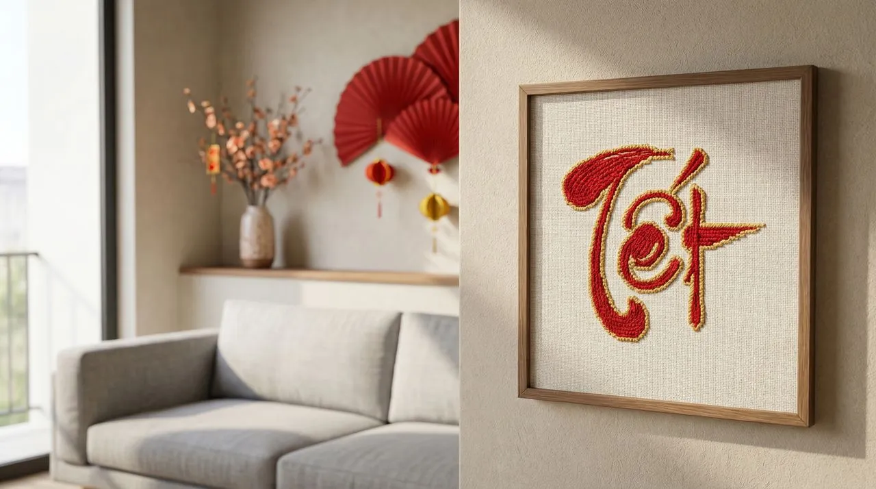 Trang trí gốc nhà ngày tết thêm xinh xắn với bức tranh thêu chữ Tết mộc mạc, xinh xắn