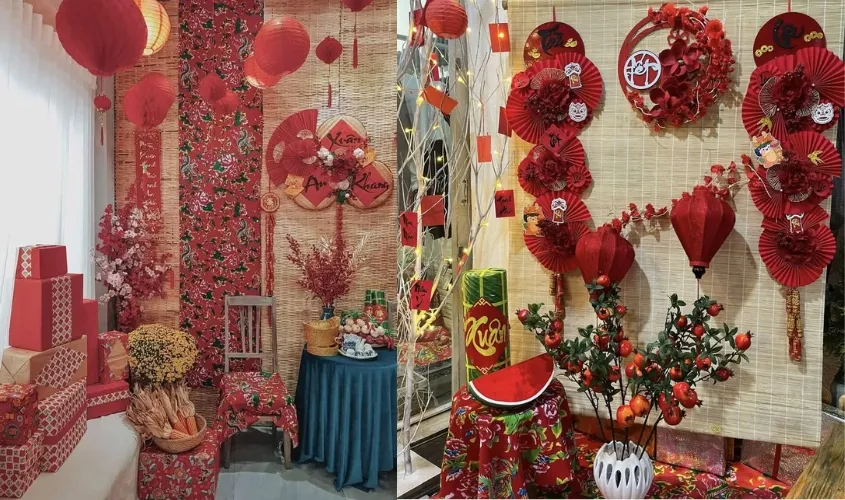 Mẫu trang trí tết tone hồng và đỏ