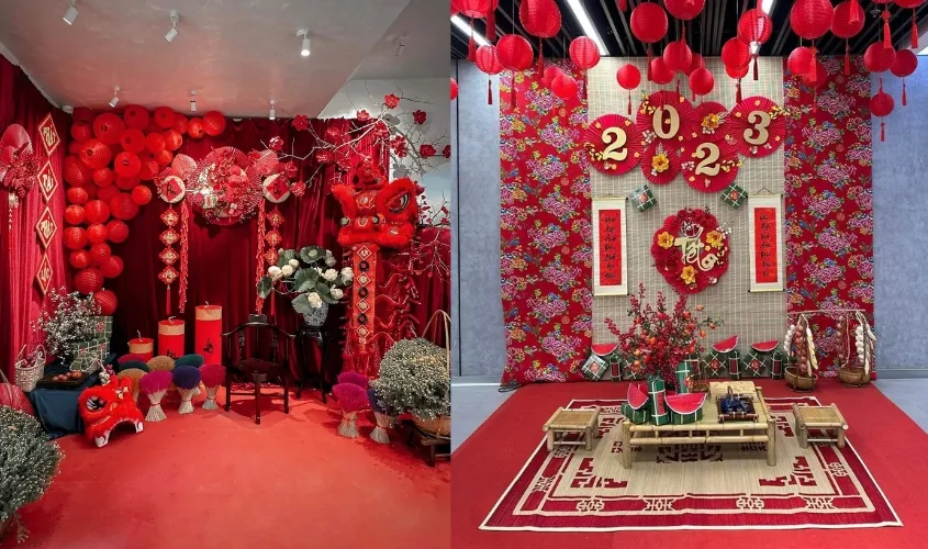 Mẫu trang trí tết sảnh sự kiện đỏ