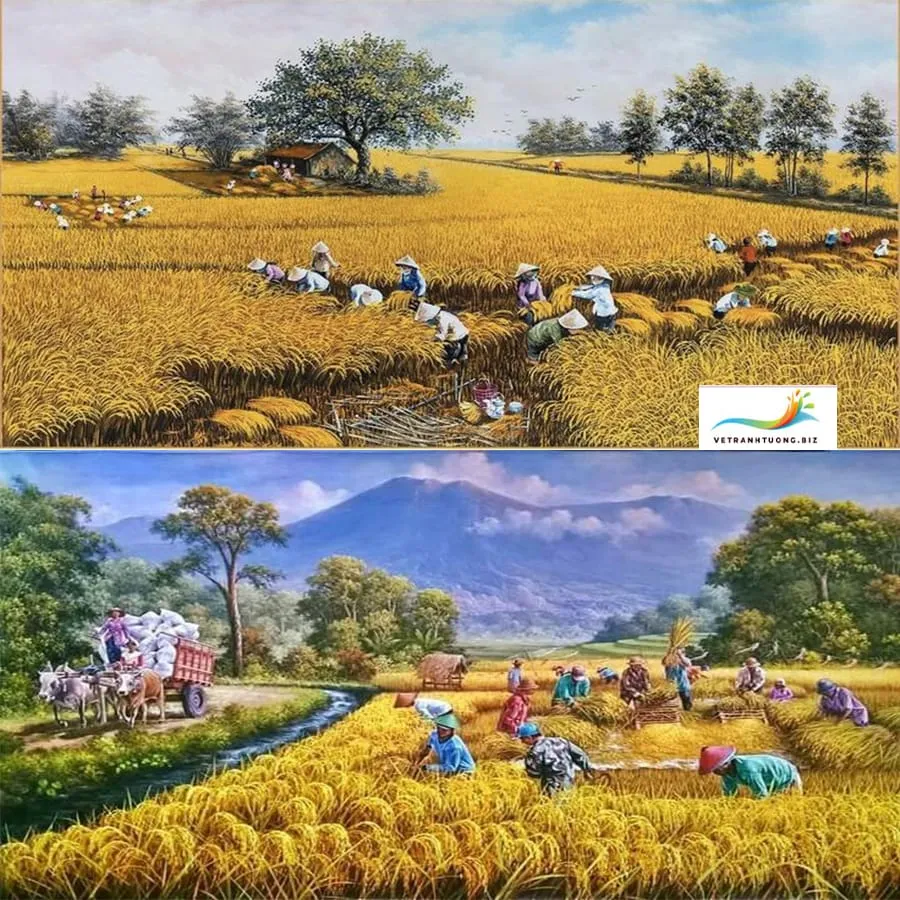 Mẫu tranh đồng quê gặt lúa tái hiện không khí ngày mùa rộn ràng