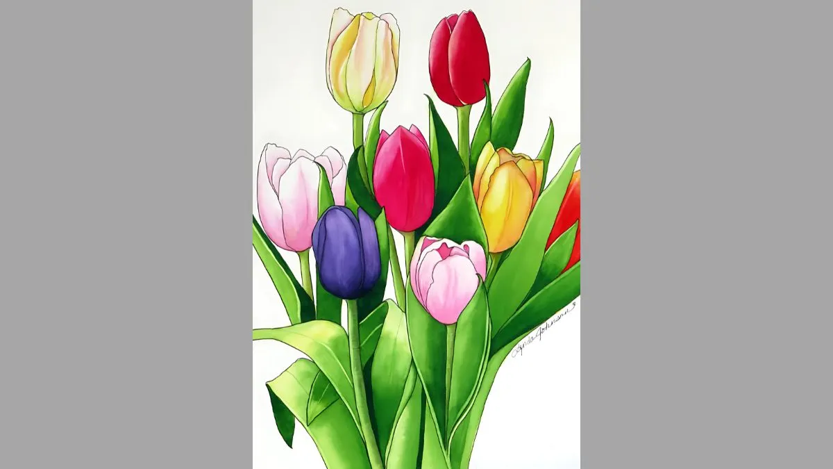 Mẫu tranh hoa tulip tím tượng trưng cho sự sang trọng trong danh sách tranh vẽ hoa đẹp