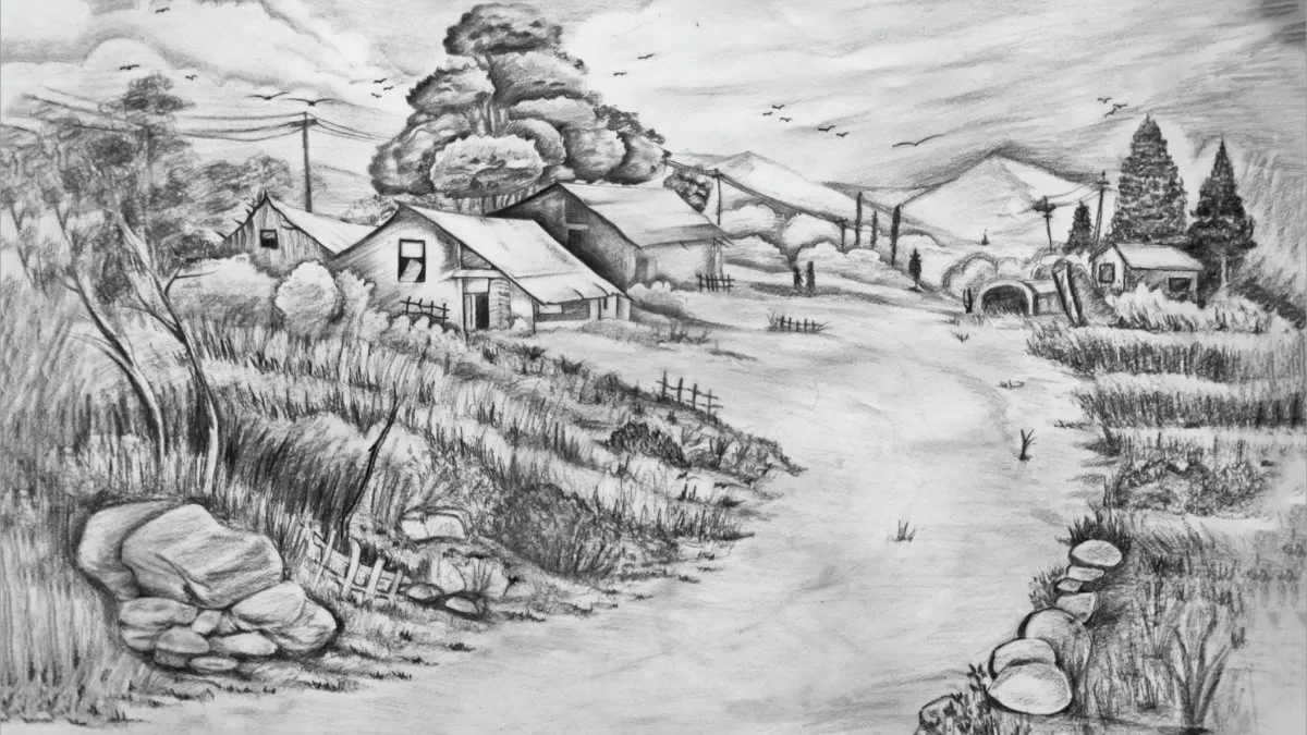 Mẫu tranh phong cảnh quê hương đen trắng đẹp mê hồn