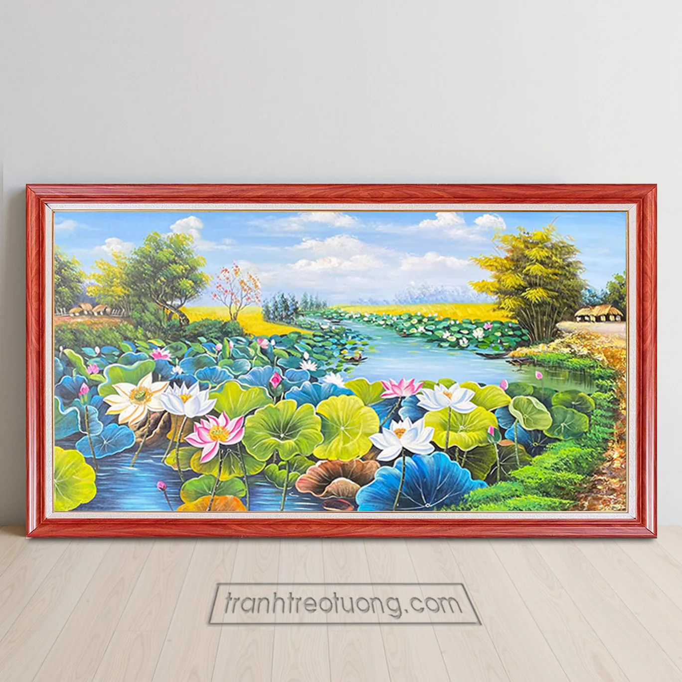 Mẫu tranh phong cảnh quê hương với dòng sông sen hồng và cánh đồng lúa chín vàng