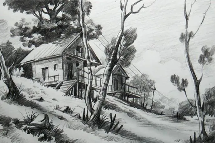 Mẫu tranh phong cảnh vẽ bằng bút chì đơn giản nhưng vô cùng tinh tế