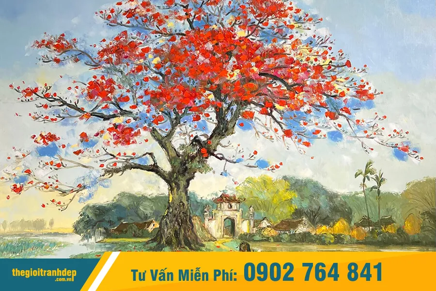 Mẫu tranh sơn dầu phong cảnh làng quê Việt Nam mang lại cảm giác thư thái cho gia chủ