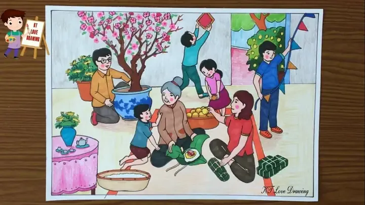 Mẫu tranh tham khảo cho đề tài tranh vẽ ngày tết đơn giản số 19