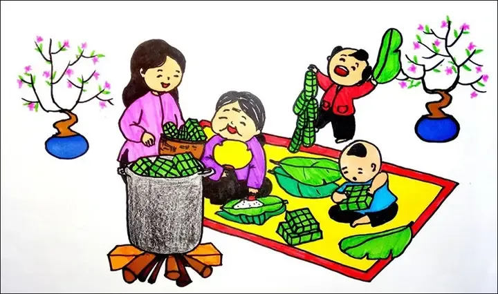 Mẫu tranh tham khảo cho đề tài tranh vẽ ngày tết đơn giản số 3