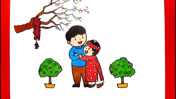 Mẫu tranh tham khảo cho đề tài tranh vẽ ngày tết đơn giản số 7