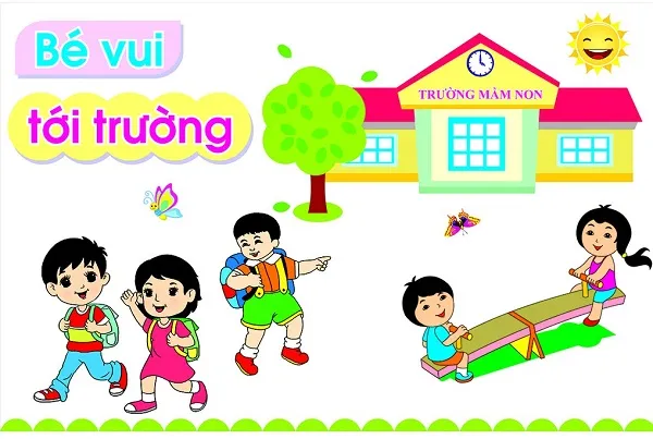 Mẫu tranh tường mầm non vẽ cảnh bé đi học cực kỳ đáng yêu