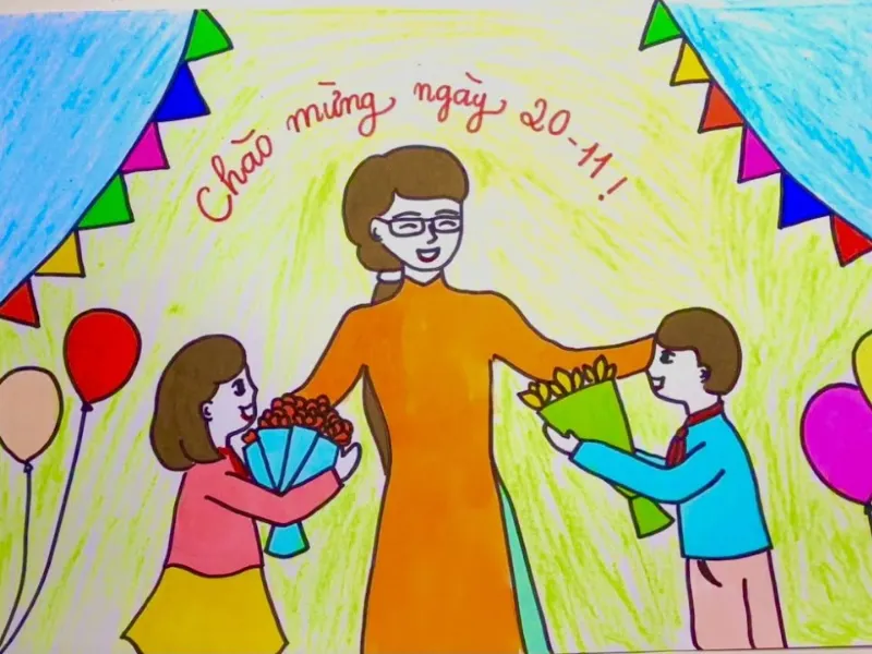 Mẫu tranh vẽ 20 11 cô giáo đang giảng bài trên lớp