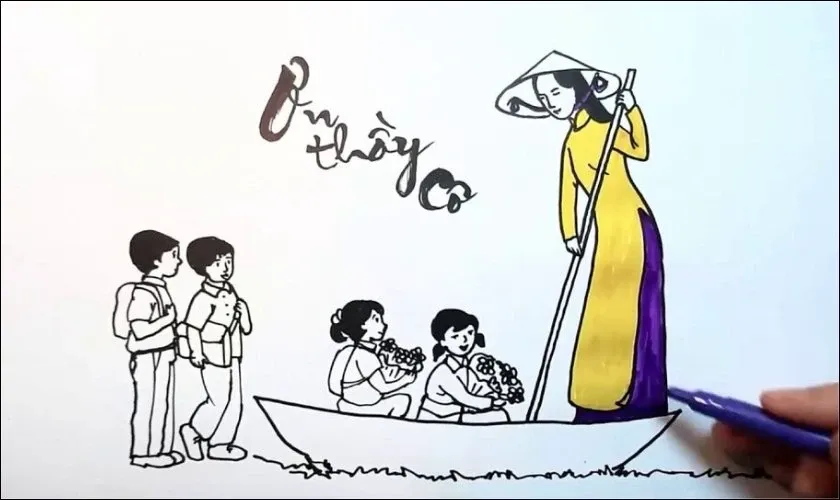 Mẫu tranh vẽ 20 11 đẹp về biểu tượng người lái đò tri thức