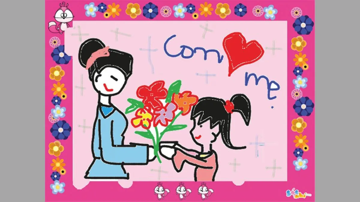 Mẫu tranh vẽ 20/10 tặng mẹ với phong cách hoạt hình dễ thương