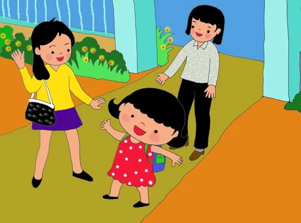 Mẫu tranh vẽ bé cùng bạn đi bộ đến trường cực kỳ dễ thương