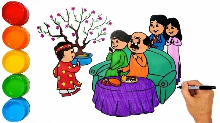 Mẫu tranh vẽ bữa cơm gia đình ngày Tết đẹp nhất cho học sinh