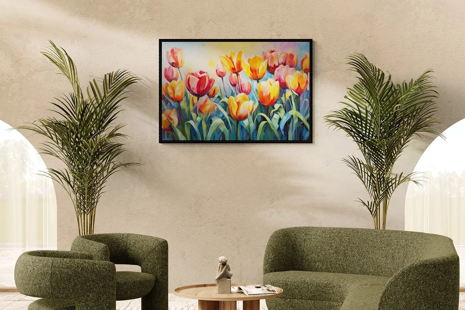 Mẫu tranh vẽ cánh đồng hoa tulip chất liệu sơn dầu tinh tế