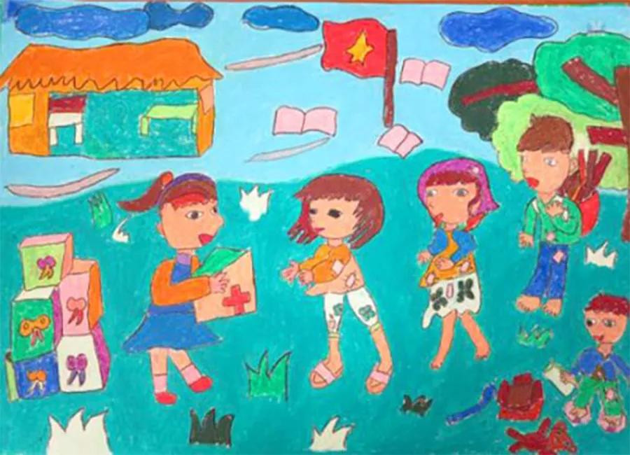 Mẫu tranh vẽ cuộc sống thường ngày tại sân trường nhộn nhịp