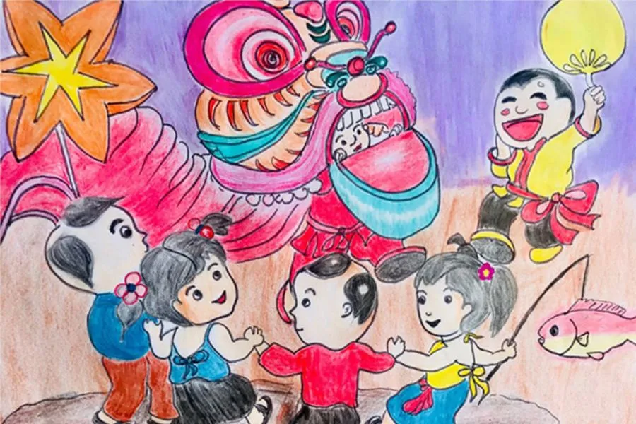 Mẫu tranh vẽ lân rồng sôi động trong đêm hội trăng rằm