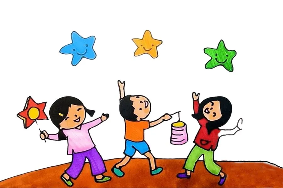 Mẫu tranh vẽ lễ hội Trung thu đặc sắc với khung cảnh rước đèn