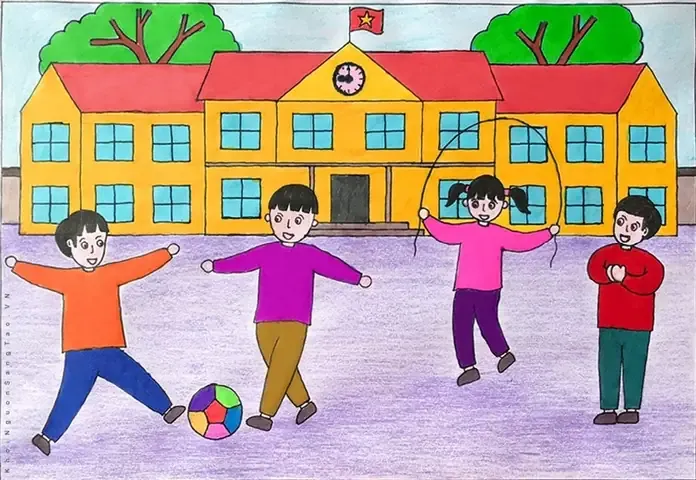 Mẫu tranh vẽ ngôi trường mơ ước ấn tượng vô cùng