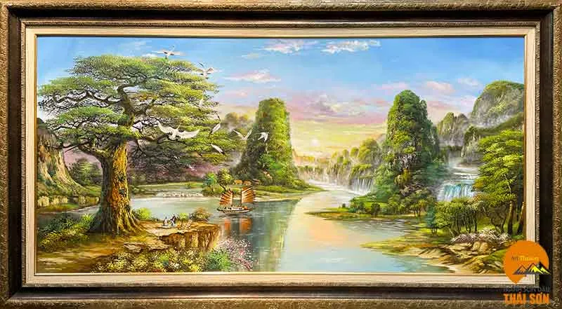 Mẫu tranh vẽ người lái đò được trang trí tinh tế trong không gian hiện đại