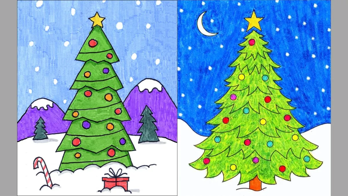 Mẫu tranh vẽ Noel với hình ảnh những bông tuyết trắng rơi đầy sân nhà