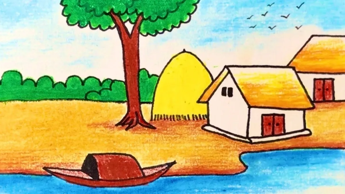 Mẫu tranh vẽ quê hương dễ thực hiện với bút màu sáp