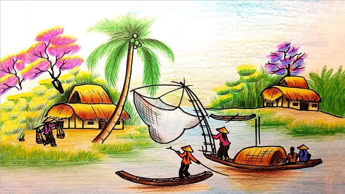 Mẫu tranh vẽ quê hương dễ thương cho bé thỏa sức sáng tạo