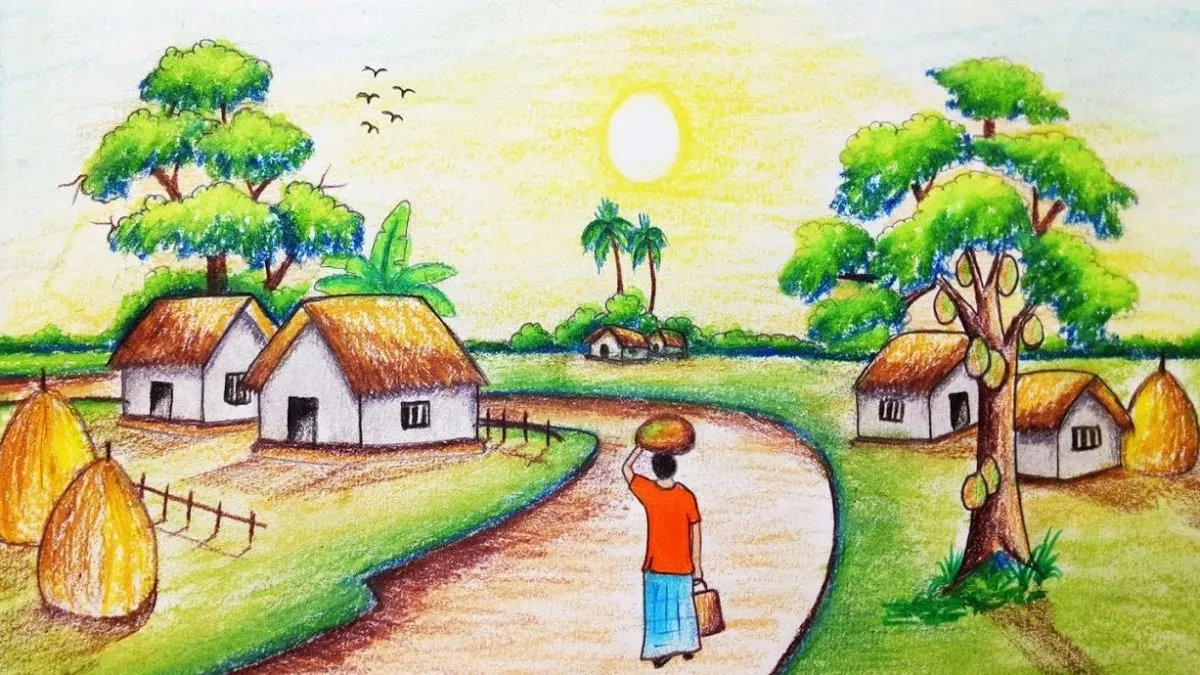 Mẫu tranh vẽ quê hương dễ vẽ với hình ảnh đàn trâu