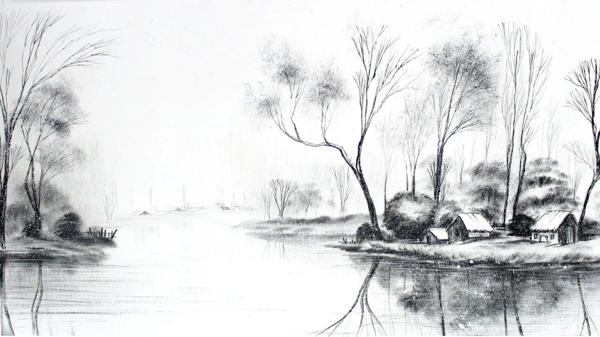 Mẫu tranh vẽ quê hương đen trắng đầy tính sáng tạo