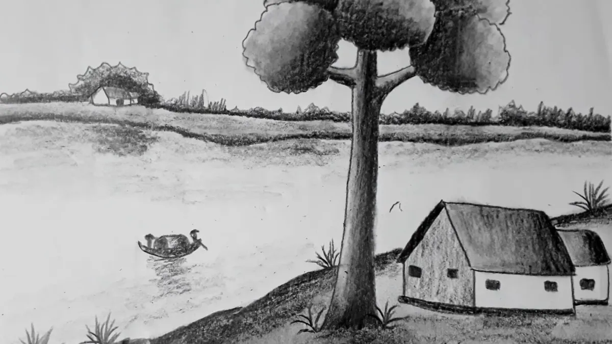 Mẫu tranh vẽ quê hương đen trắng với nét vẽ tinh tế