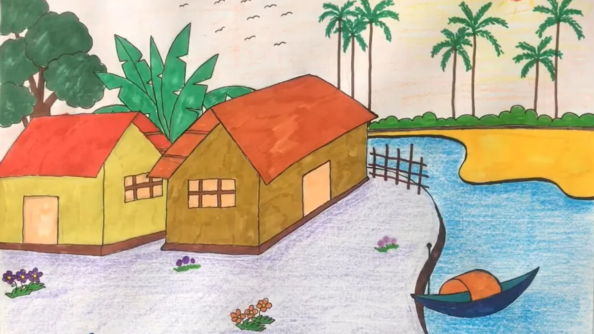 Mẫu tranh vẽ quê hương đơn giản cho học sinh tiểu học