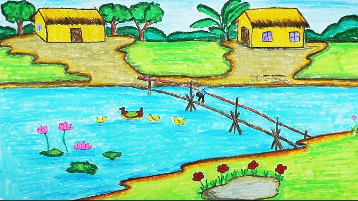 Mẫu tranh vẽ quê hương đơn giản với những ngôi nhà mái ngói