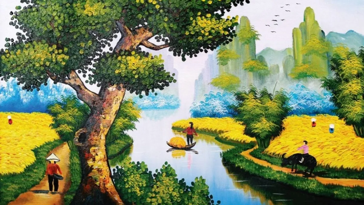 Mẫu tranh vẽ quê hương phong cảnh ao sen thơ mộng