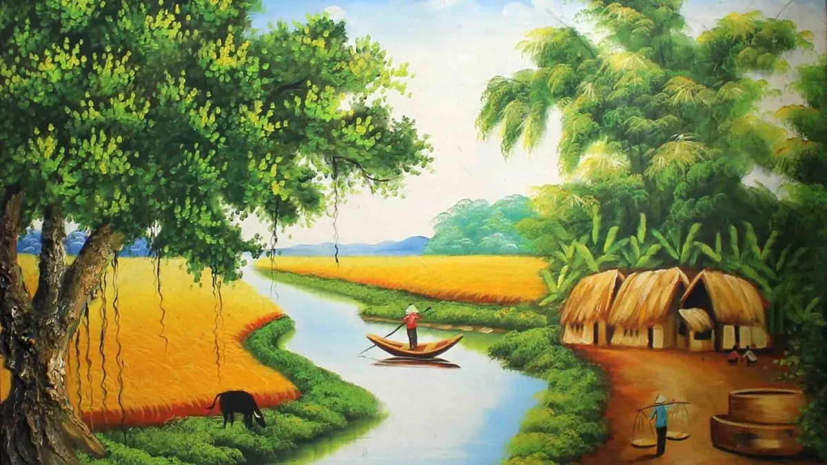 Mẫu tranh vẽ quê hương phong cảnh đồng lúa bát ngát