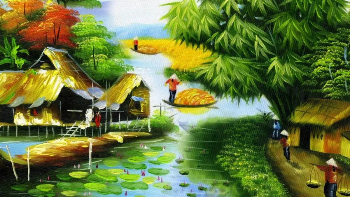 Mẫu tranh vẽ quê hương phong cảnh mùa hè sôi động