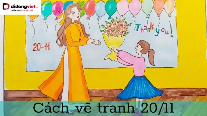 Mẫu tranh vẽ tặng hoa cô giáo đẹp nhất cho học sinh