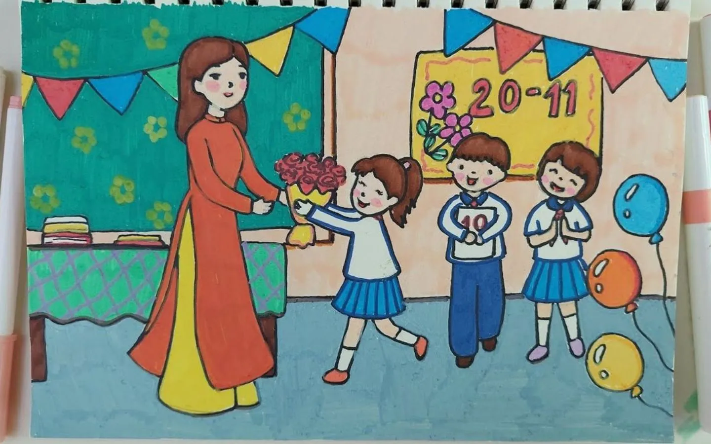 Mẫu tranh vẽ thầy cô và học sinh trong ngày 20/11 ấm áp