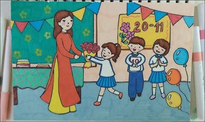 Mẫu tranh vẽ trang trí báo tường 20/11 ấn tượng và độc đáo