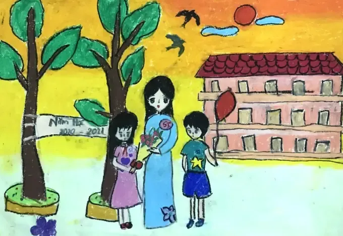 Mẫu tranh vẽ trường học rực rỡ màu sắc