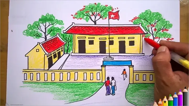 Mẫu tranh vẽ trường học tương lai hiện đại