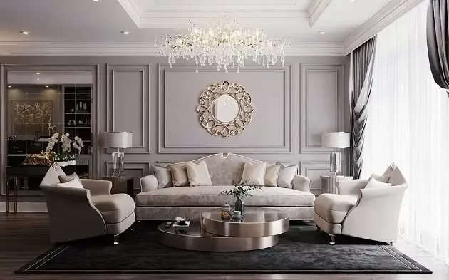 Mẫu vách ngăn phòng khách kết hợp gương trang trí