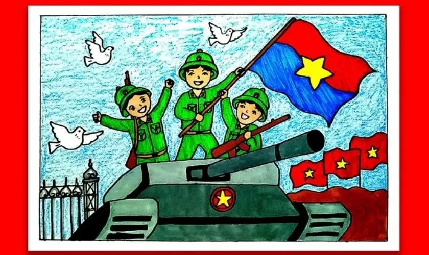 Mẫu vẽ 30/4 đơn giản chủ đề chú bộ đội