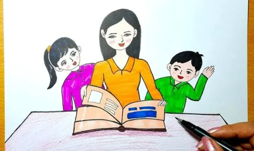 Mẫu vẽ tranh 20 11 tinh tế trên khổ giấy A4